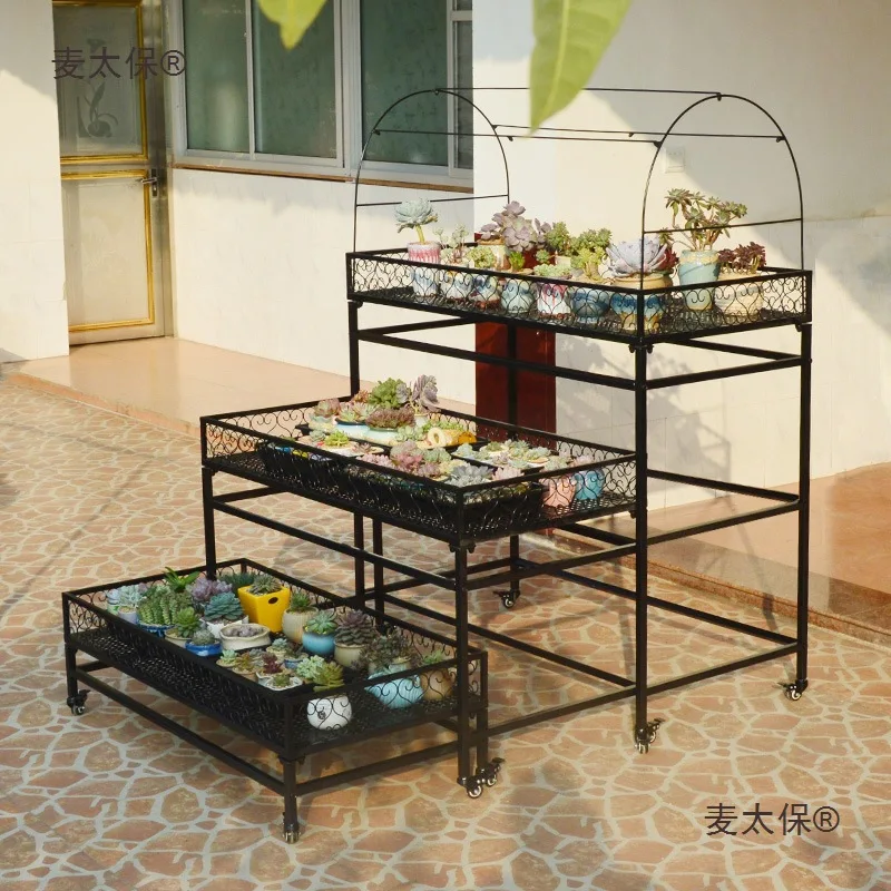 Balcony succulent flower stand, multi-layer wrought iron room, outdoor wheeled movable floor storage rack, open raising