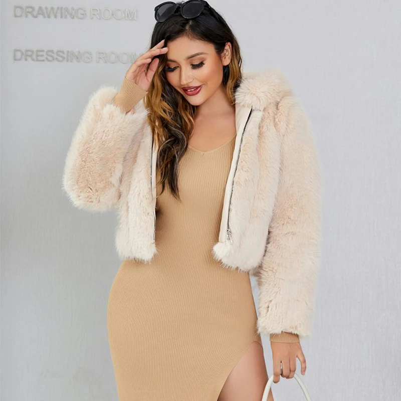 

Cropped Fluffy Top For Women Winter Thick Warm Short Coats Faux Fox Fur Jacket Long Sleeve Zip Hooded Outerwear Ubrania Damskie