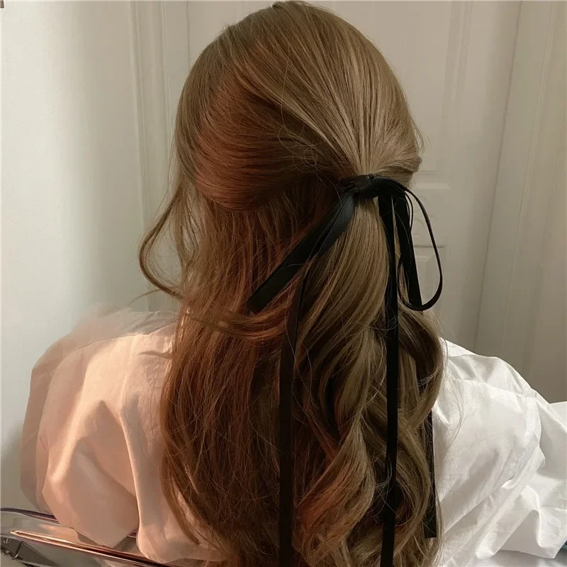 Fashion Ribbon Bow Hair Rope for Women Korean Design White Black Long Tassel Elastic Rubber Bands Girls Ponytail Ties Headwear