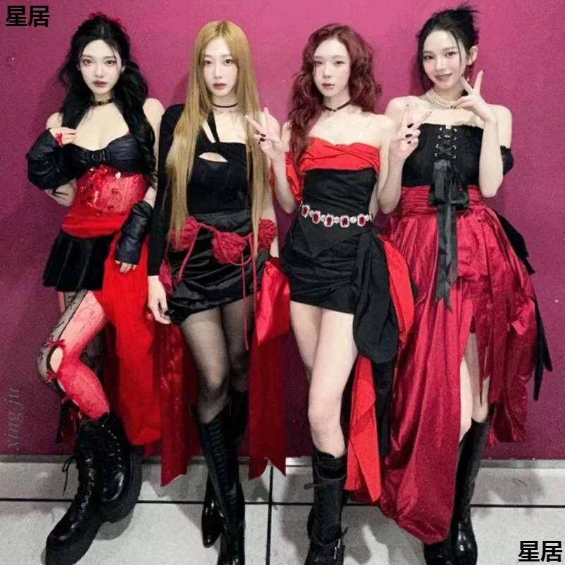 

Kpop Korean Singer Jazz Dance Sexy Off-Shoulder Shirt Crop Tops Irregular Lace-up Long Skirts Stage Costume Y2K Concert Outfits