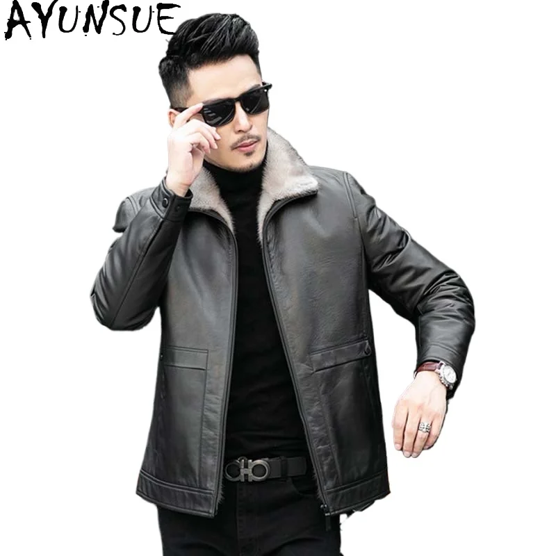 AYUNSUE100% Natural Cow Leather Jacket Men Winter High-end Mink Fur Liner Coat Warm Genuine Leather Jackets Man Chaquetas Hombre