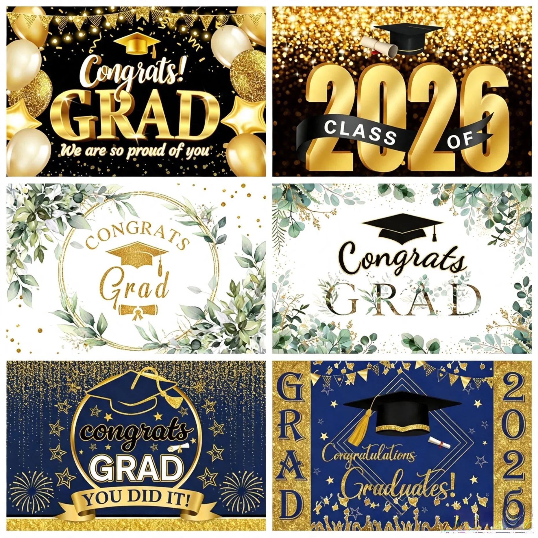 Graduation Ceremony Party Backdrop for Photography Gold Blue Bachelor Cap 2026 Prom Congratulations Graduates Photo Background