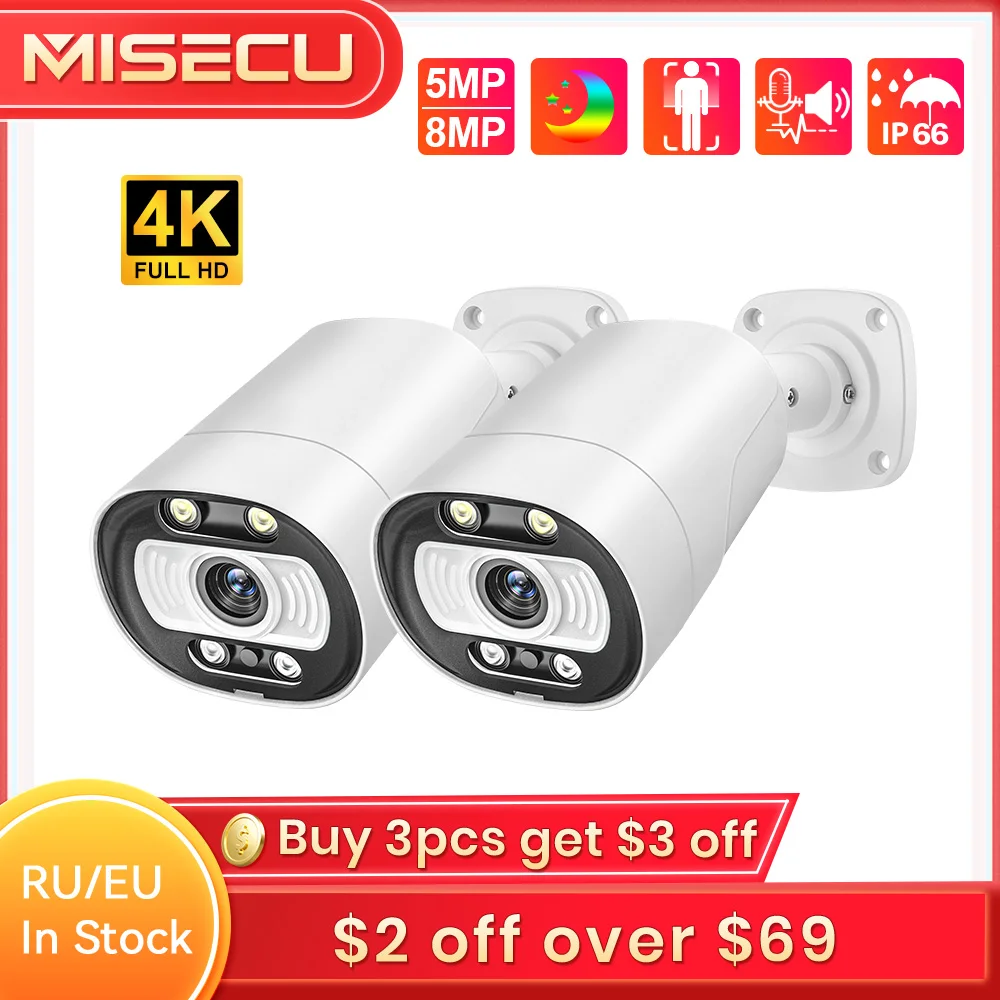 MISECU UHD 8MP 4K Outdoor POE IP Camera AI Smart H.265 Two Way Communication Color Night Vision Home Record Surveillance Camera