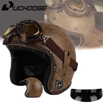 Uscegli Casco Moto retrò in pelle PU Open Face 3/4 Chopper caschi da bicicletta Classic Casco Moto Vintage