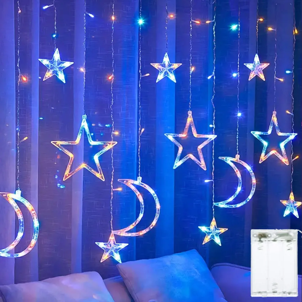 3.5M Star Moon Curtain String Lights Battery Powered LED Fairy Lamp for Outdoor Garden Wedding Party Christmas New Year Decor