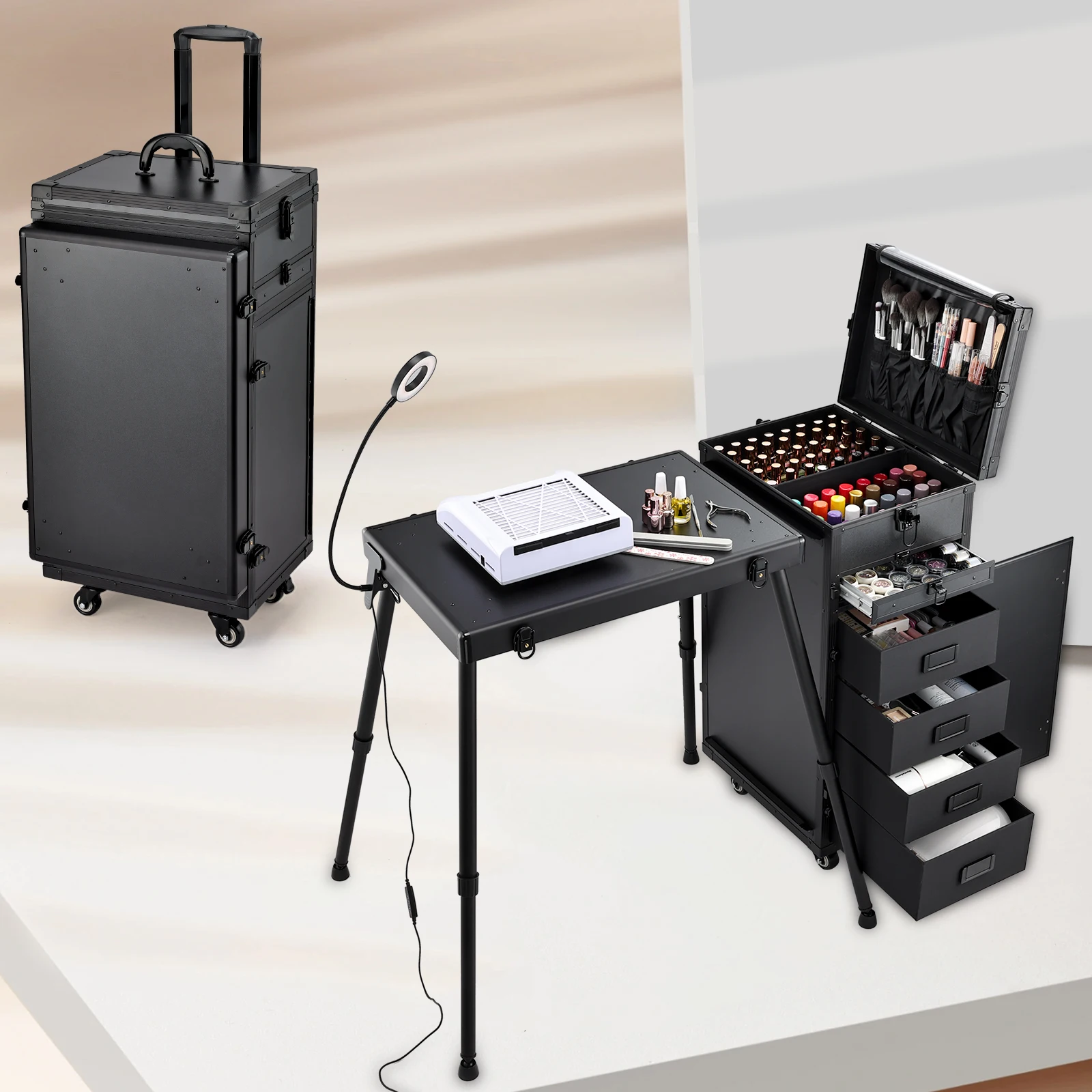 Rolling Manicure Table 5 Drawers Makeup Trolley Foldable Nail Desk Makeup Case on Wheels Cosmetic Nail Table Workstation Mobile