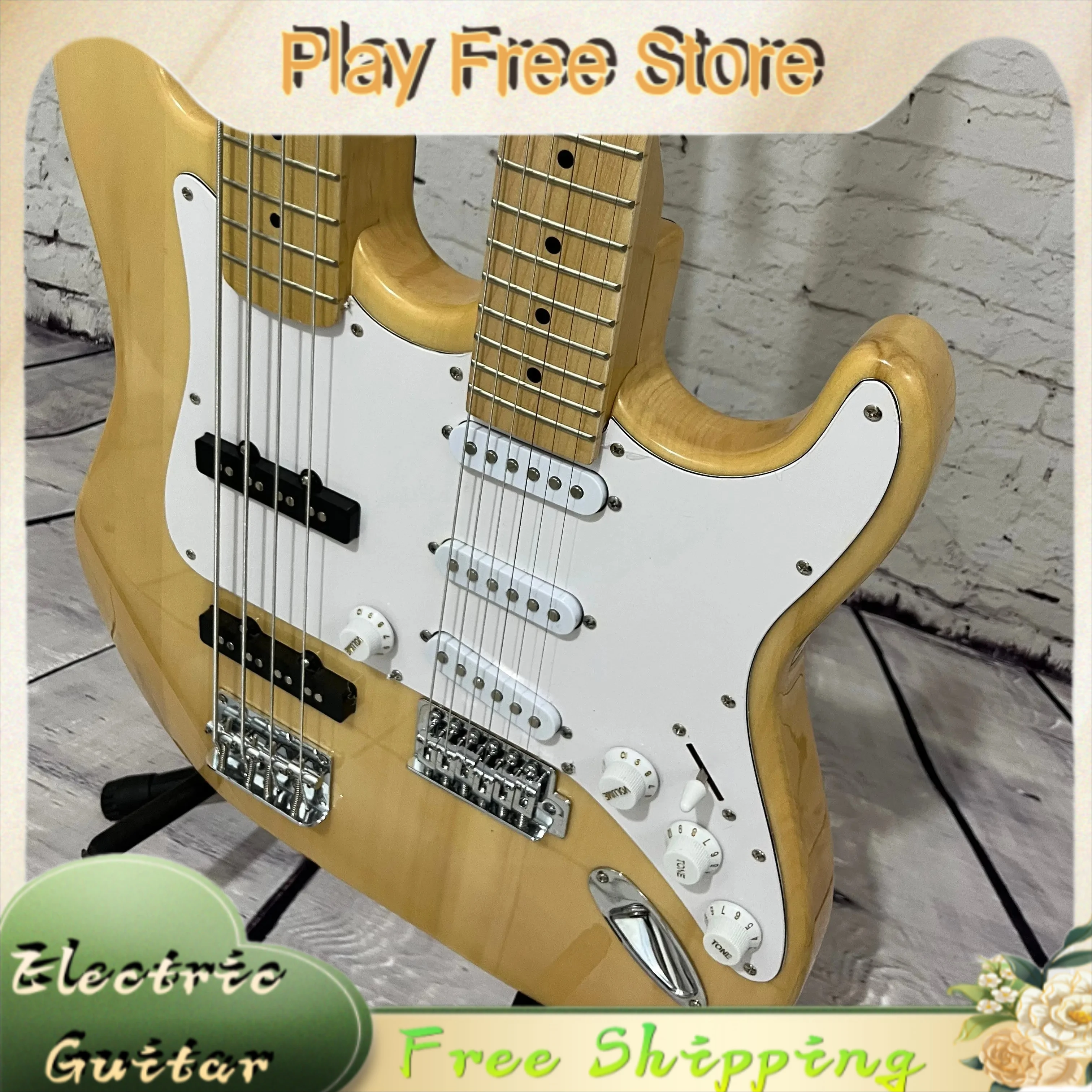 Guitar Yellow Double Neck  4 String Bass 6 String Guitar Natural Wood White Protective Board SSS Pickups Free Shipping New