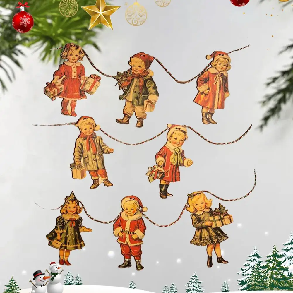 

Vintage Christmas Banner Rustic Christmas Wooden Bunting Set with Santa Claus Tree Deer Angel Ornaments for Home Office Holiday