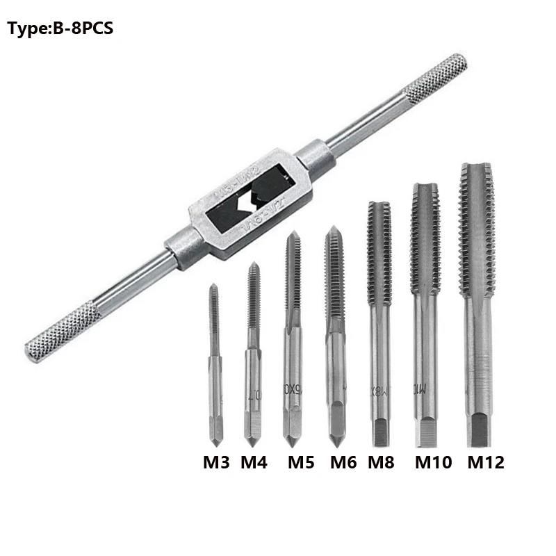 6 or 8pcs Manual Device Inner Thread Tapping Screw Hole Set Hand Tools Straight Groove Tap Twisting Male Thread M3-M12