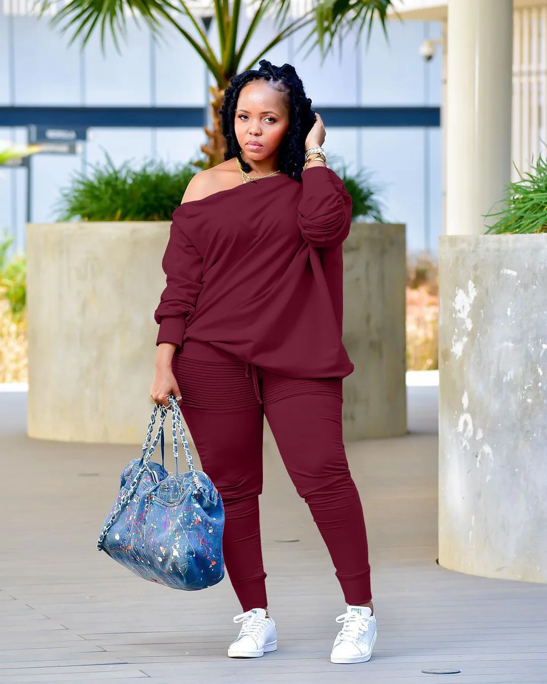 

Повседневный комплект брюк больших размеров, бордовый свитшот с косым воротником и длинными рукавами, однобортный комплект брюк из двух предметов с открытыми плечами