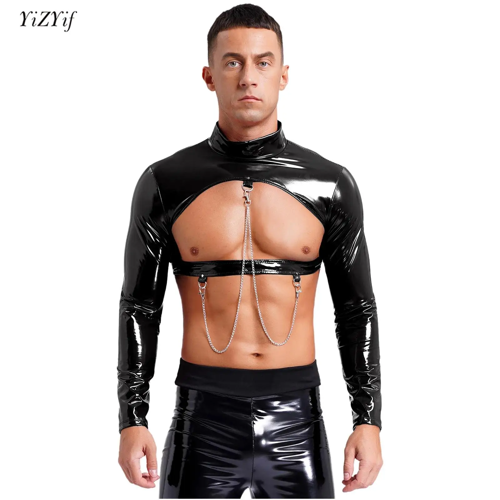 Mens Glossy Patent Leather Hollow Out T-shirt Crop Top Gothic Punk Metal Chains Long Sleeve Tank Tops Nightclub Party Lingerie