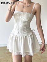 IAMSURE Vintage Lace Trim Bandage A-Line Dress Sexy Slim Slash Neck Sleeveless Mini Dresses For Women 2024 Summer Fashion Ladies