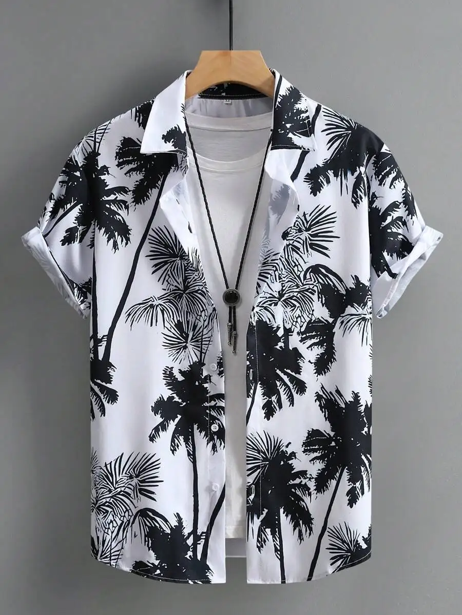 

Men's White Black Palm Print Short Sleeve Casual Shirt for Summer Vacation