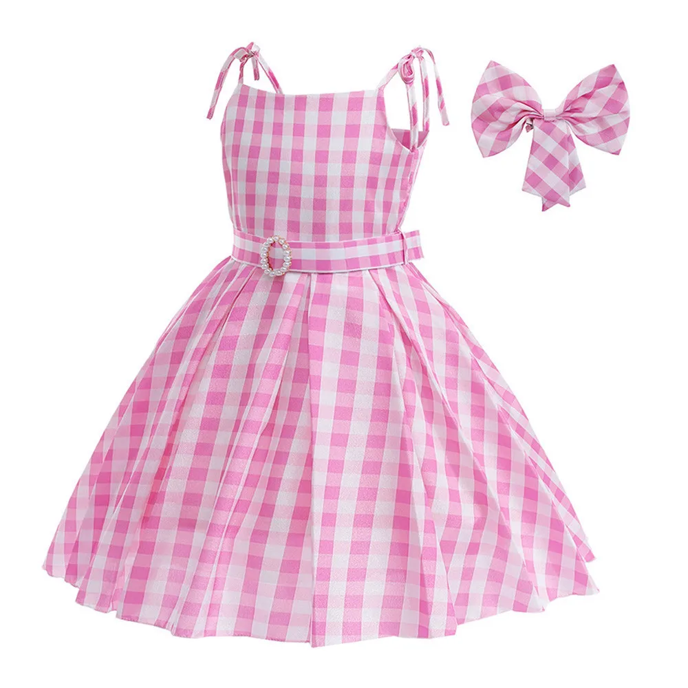 Girls Pink Barbie Princess Dress Flower Kids One Shoulder Wedding Ball Gown Birthday Party Formal Plaid Clothes Evening Costumes