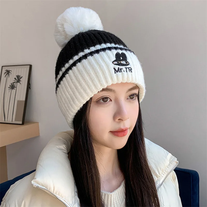 

Beanies For Woman Winter Knitted Warm Pompom Hats Girls Cashmere Embroidery Bonnets Lady's Outdoor Thick Skullies Cap Femme