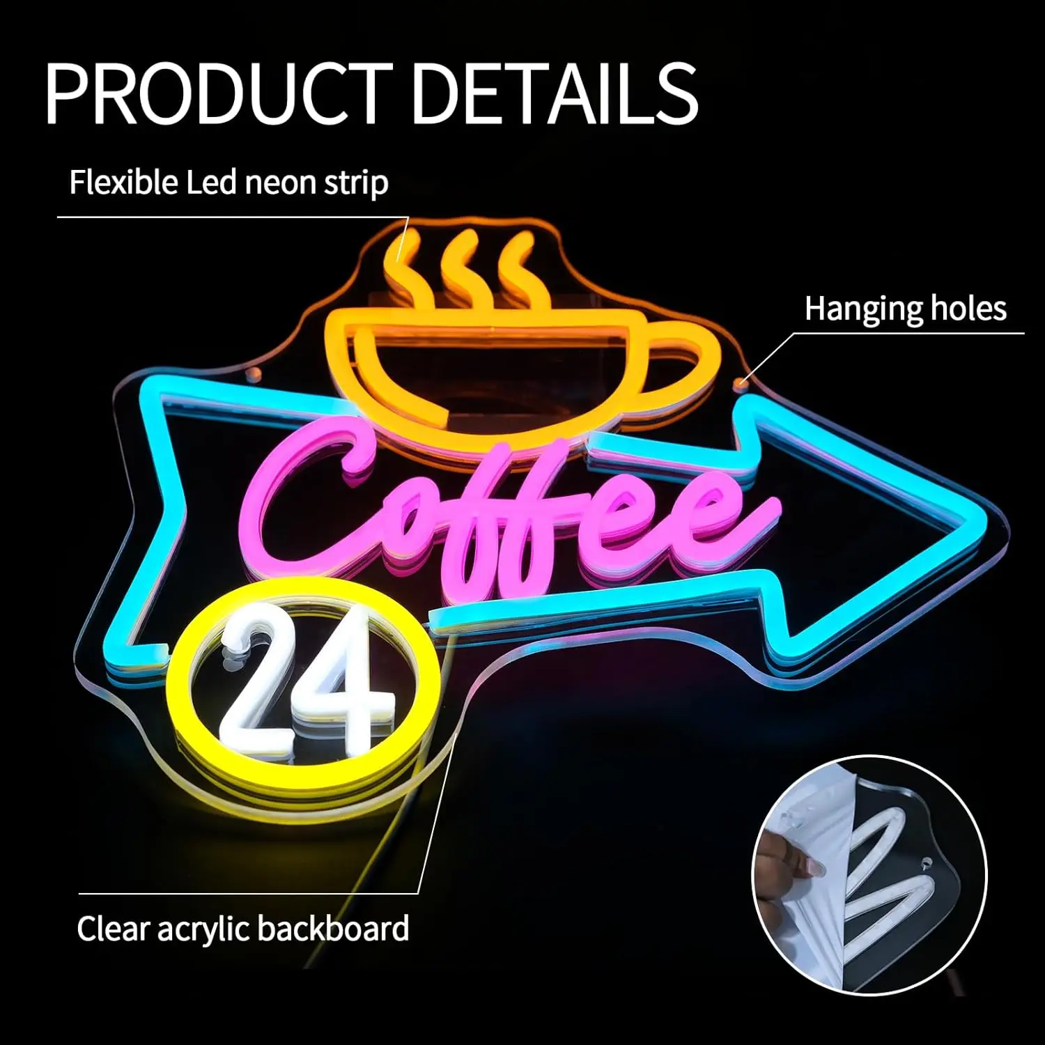 16.5x9in Coffee Time 24 Hours Neon Sign Wall Decor LED Light Bar Hotel Cafe Room Shop Convenience Store Airport Decoration Cake