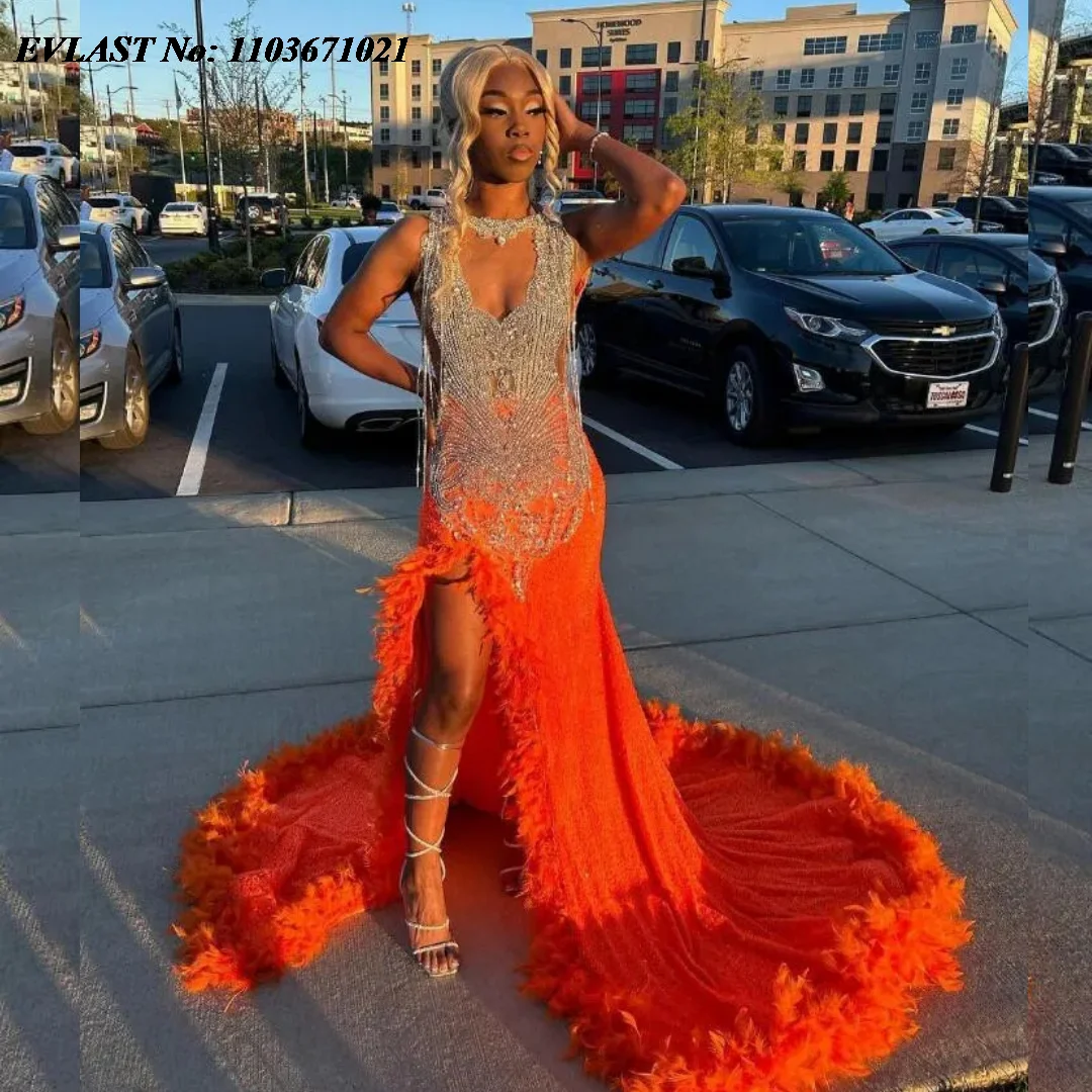 

EVLAST Orange African Sparkly Prom Ceremony Formal Dress for Black Girl Sparkly Diamond Tassel Velvet High Slit Gala Gown P128