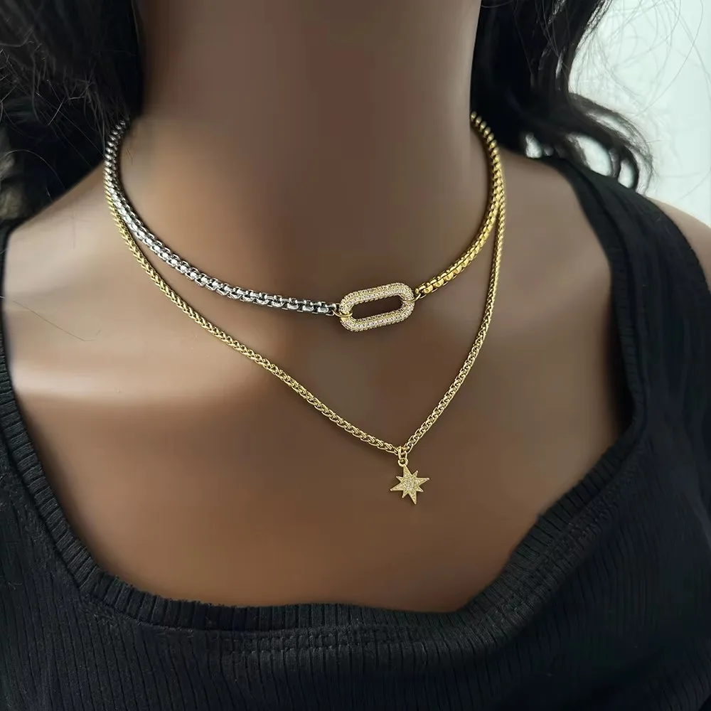 Fashion Designer Jewelry Waterproof Stainless Steel 18k Gold Plated Two Tone Oval Zircon Charm Multilayer Necklace for Women