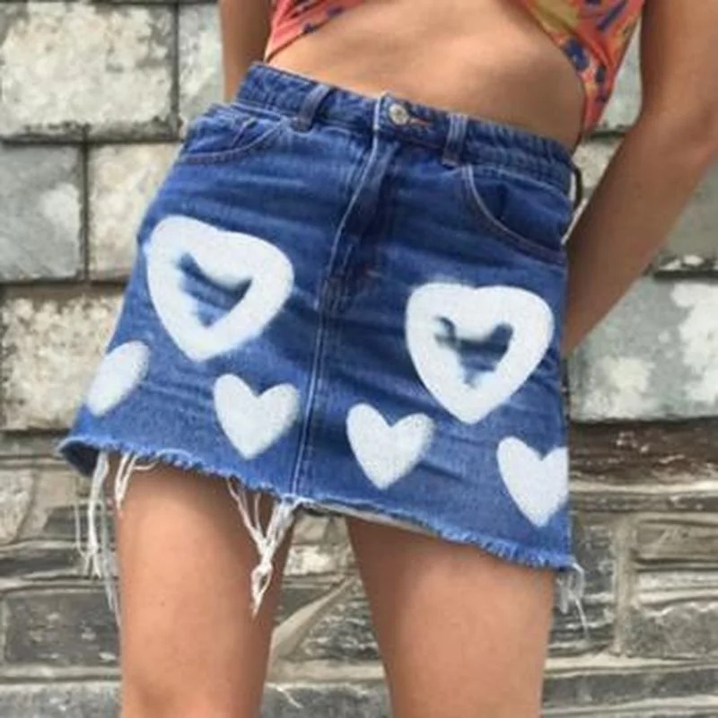 

Fashion Y2k Aesthetic Denim Skirt Harajuku Women Heart Print A Line Vintage Party Club Streetwear Mini Skirts Bodycon Faldas New