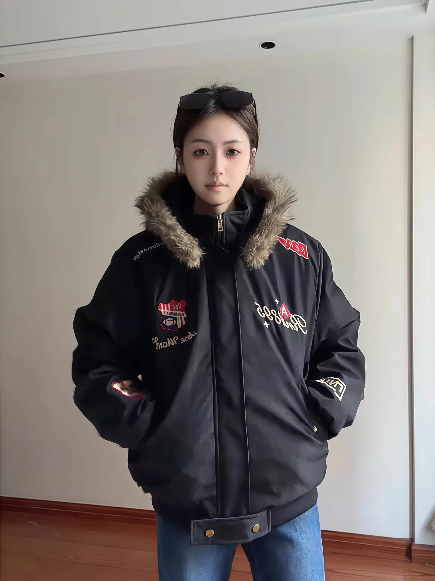 

Bla Retro Embroidered Cotton Jaet Men's Winter Faion Brand Mountain Eagle Fur Collar Thiened Warm Parka Coat