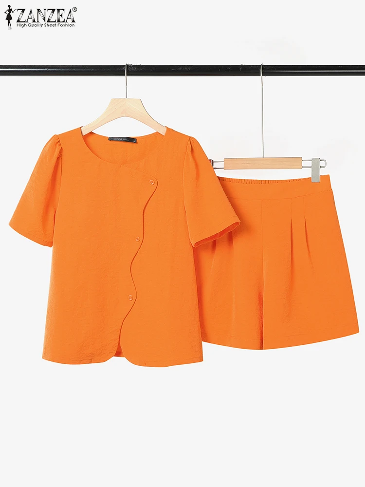 半袖セットアップ レディース 無地 カジュアル ゆったりトップス ウエストゴム ショートパンツ ZANZEA 2025 夏 ファッション OL 仕事 マッチングセット 2点セット