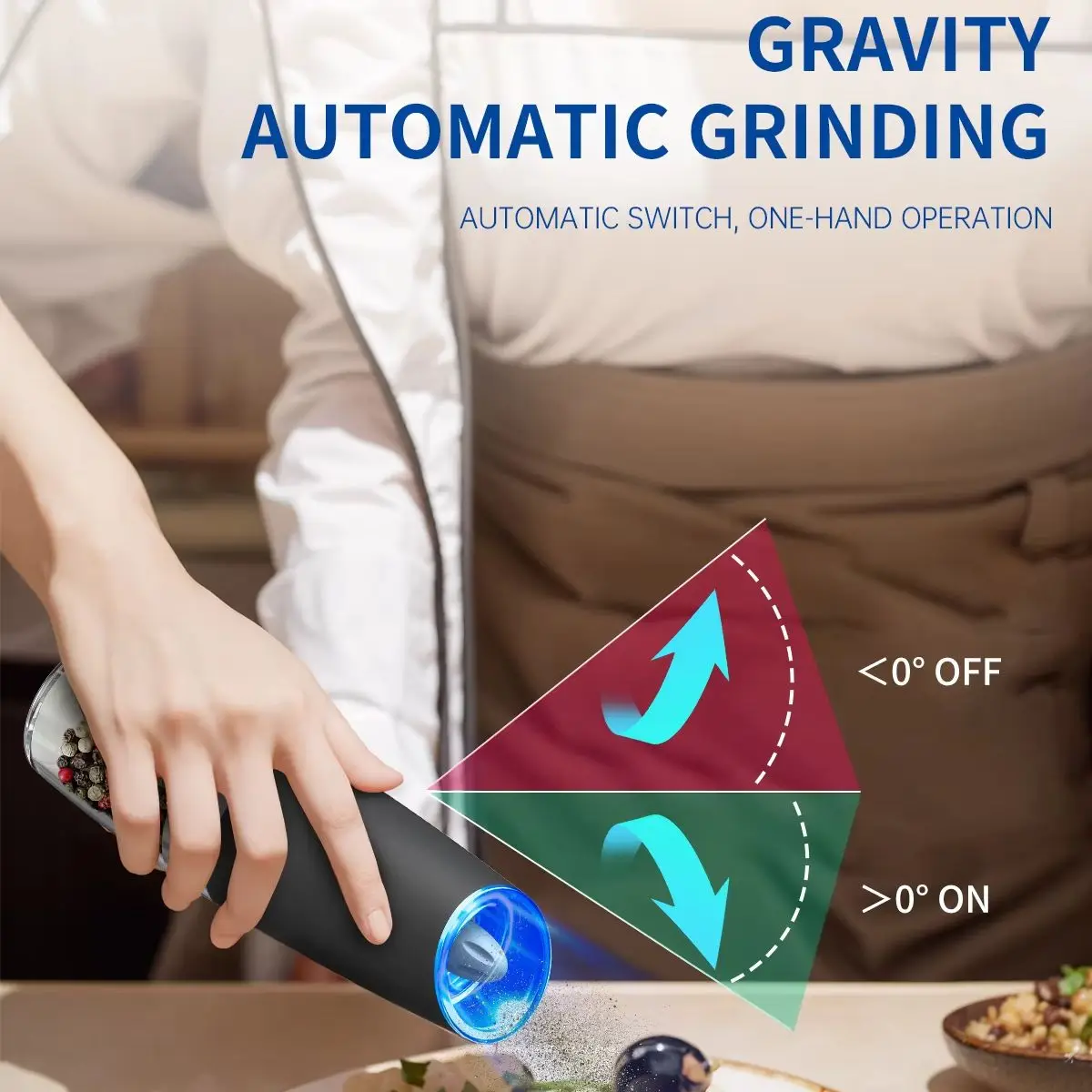 135ML Large Capacity Salt Pepper Grinder Battery-Operated Gravity Electric Pepper Mill with LED Light