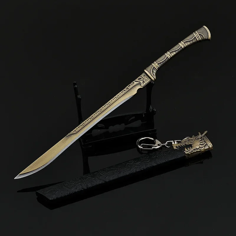 Espada medieval de 22cm, famosa espada longquan, brinquedo, dragão, tigre, faca, todo em metal com bainha, modelo de arma, ornamentos, coleções, presentes