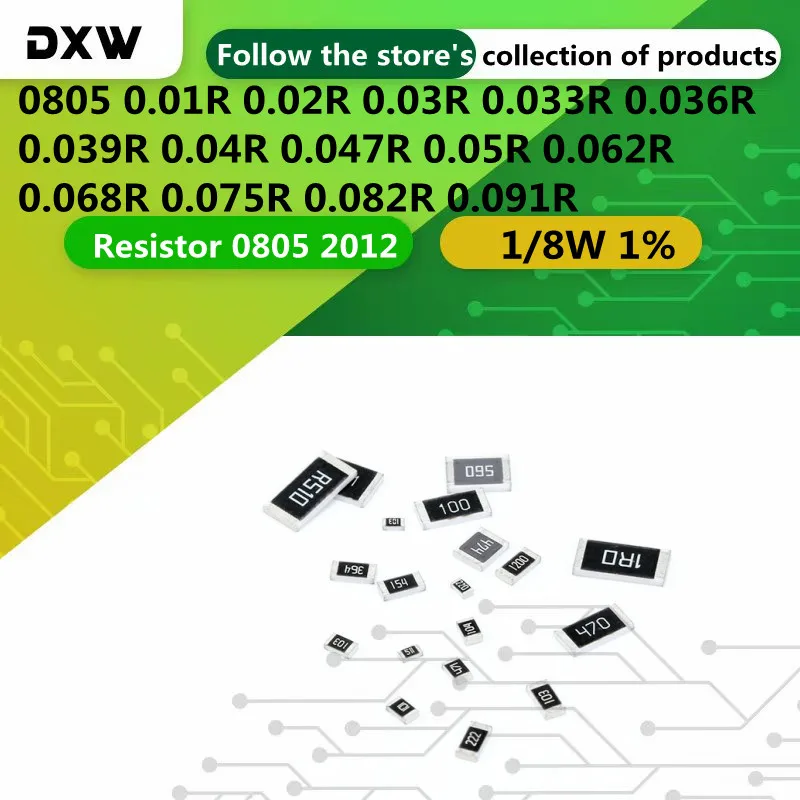0805 0.01R 0.02R 0.03R 0.04R 0.04R 0.04R 0.05R 0.068R 0.075R 0.082 0.091R R010 R020 R030 R040 R047 R050 R068 R091, 100 peças por lote