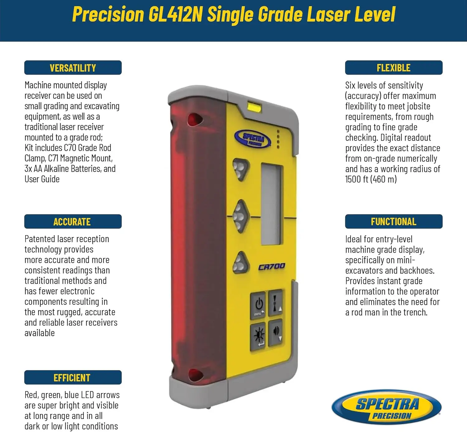 CR700 Combination Laser Receiver with C70 Rod Clamp, C71 Magnetic Mount, Batteries, Patented Reception Technology