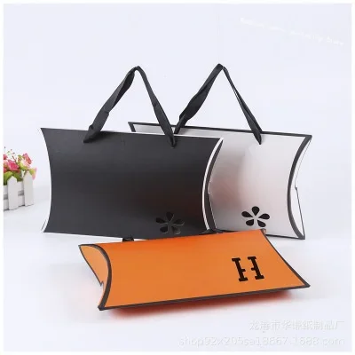 10pcs Large Pillow Shape Paper Box Kraft Paper Bag with Handle Hollow Present Packaging Box Scarf/Gift Big Pillow Box