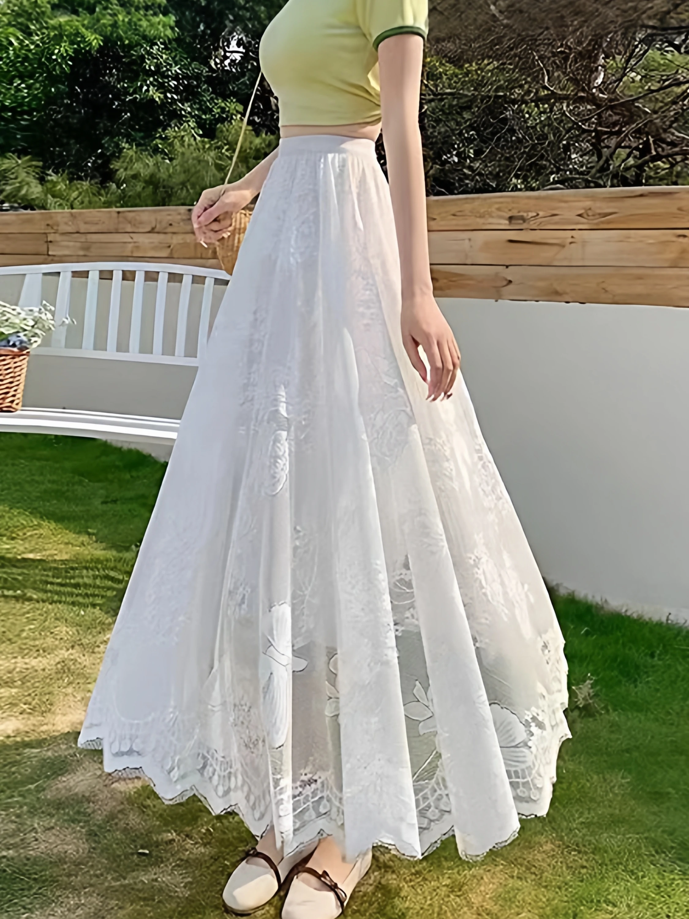 

Универсальная женская юбка средней длины с высокой талией, А-силуэт, из полиэстера, для повседневной носки, не требует глажки, с кружевными вставками, на эластичной резинке