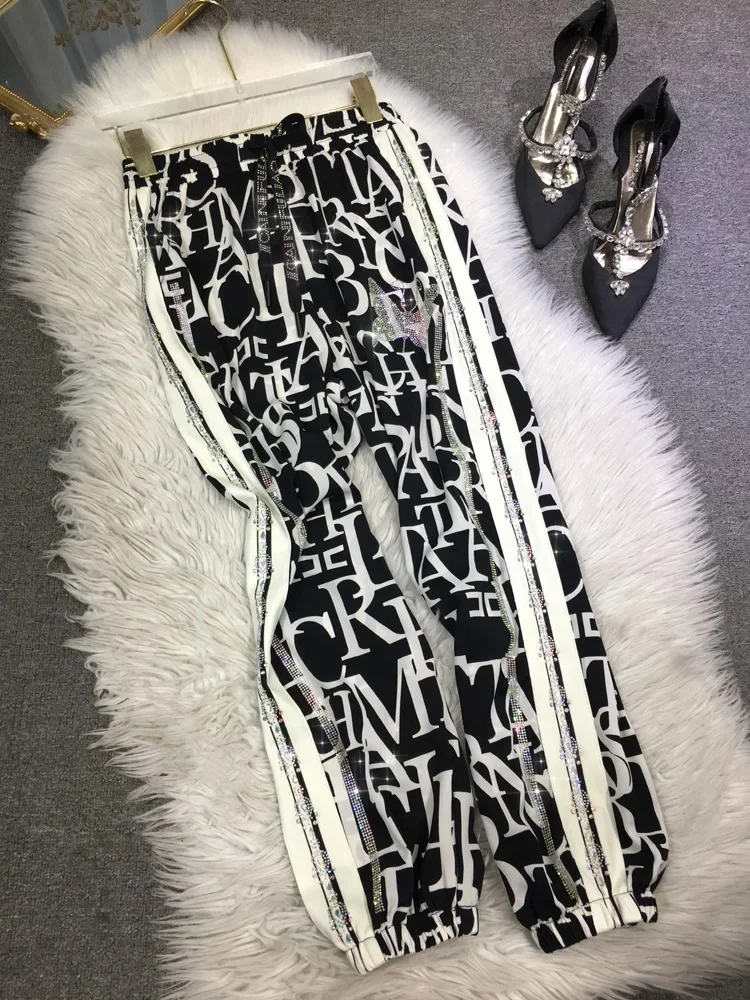 Blingbling Hot Drilling Ankle-length Pants 2025 New Summer Black White Letters Casual Chiffon Trousers Elastic Waist Sweat Pants