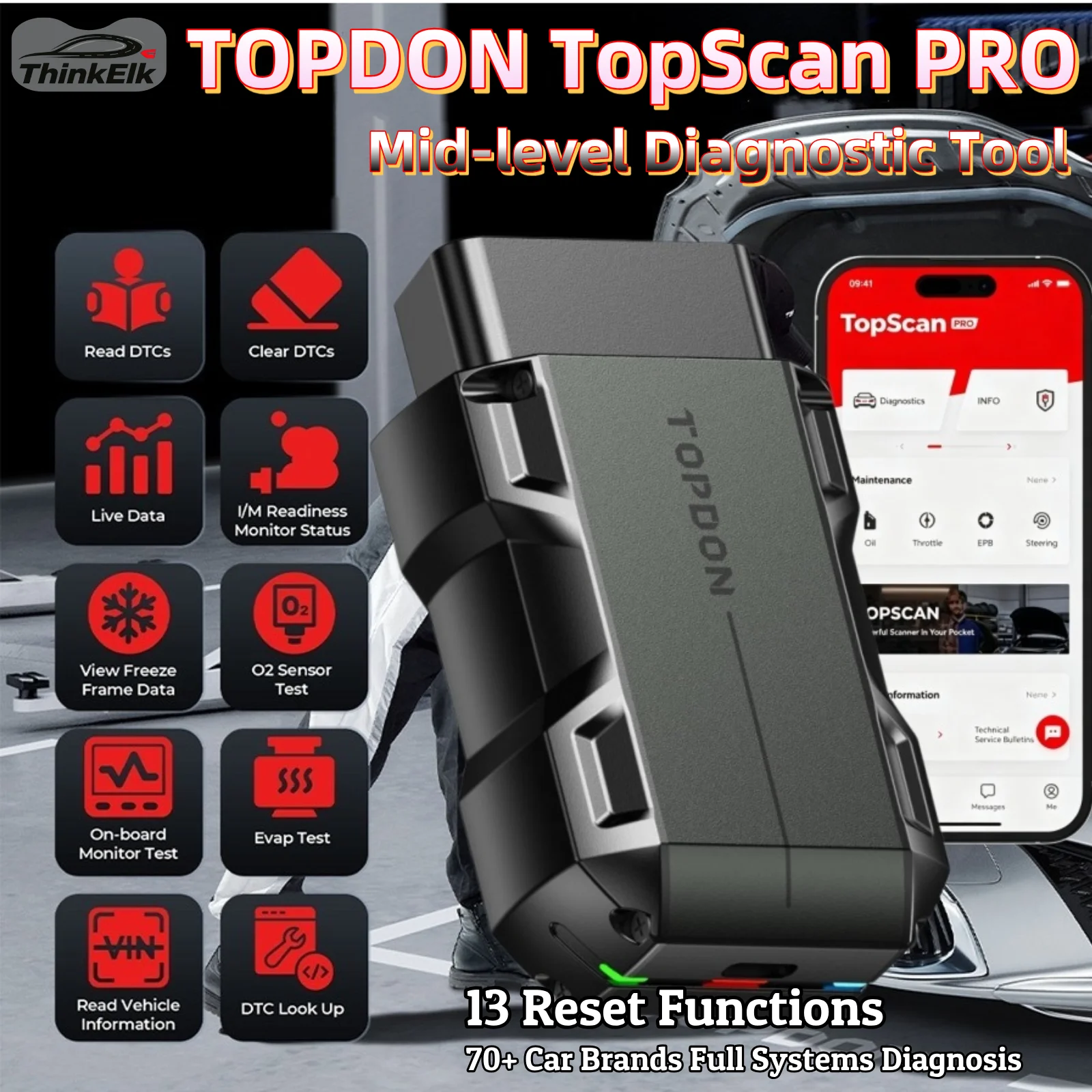 TOPDON TopScan PRO Full Systems Diagnosis 13 Reset Functions I/M Readiness for 70+ Car Brands Injector Coding Tire Pressure Rest