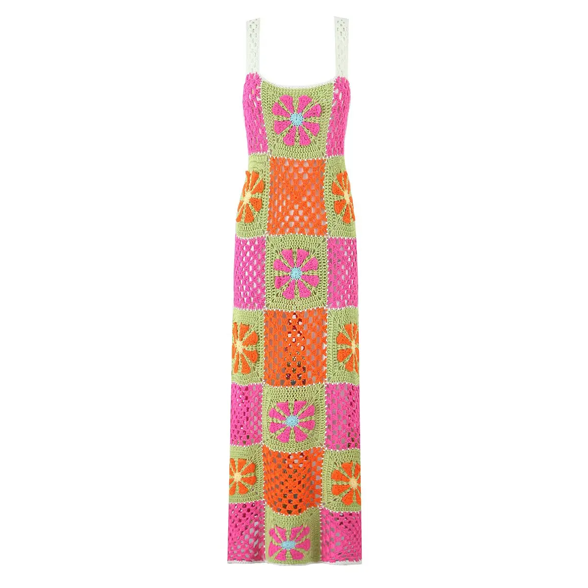 

BM&MD&ZA Women's Casual Elegant All - Handmade Knitted Sleeveless Wide - strap Mid - length Straight Dress with Crochet Mesh