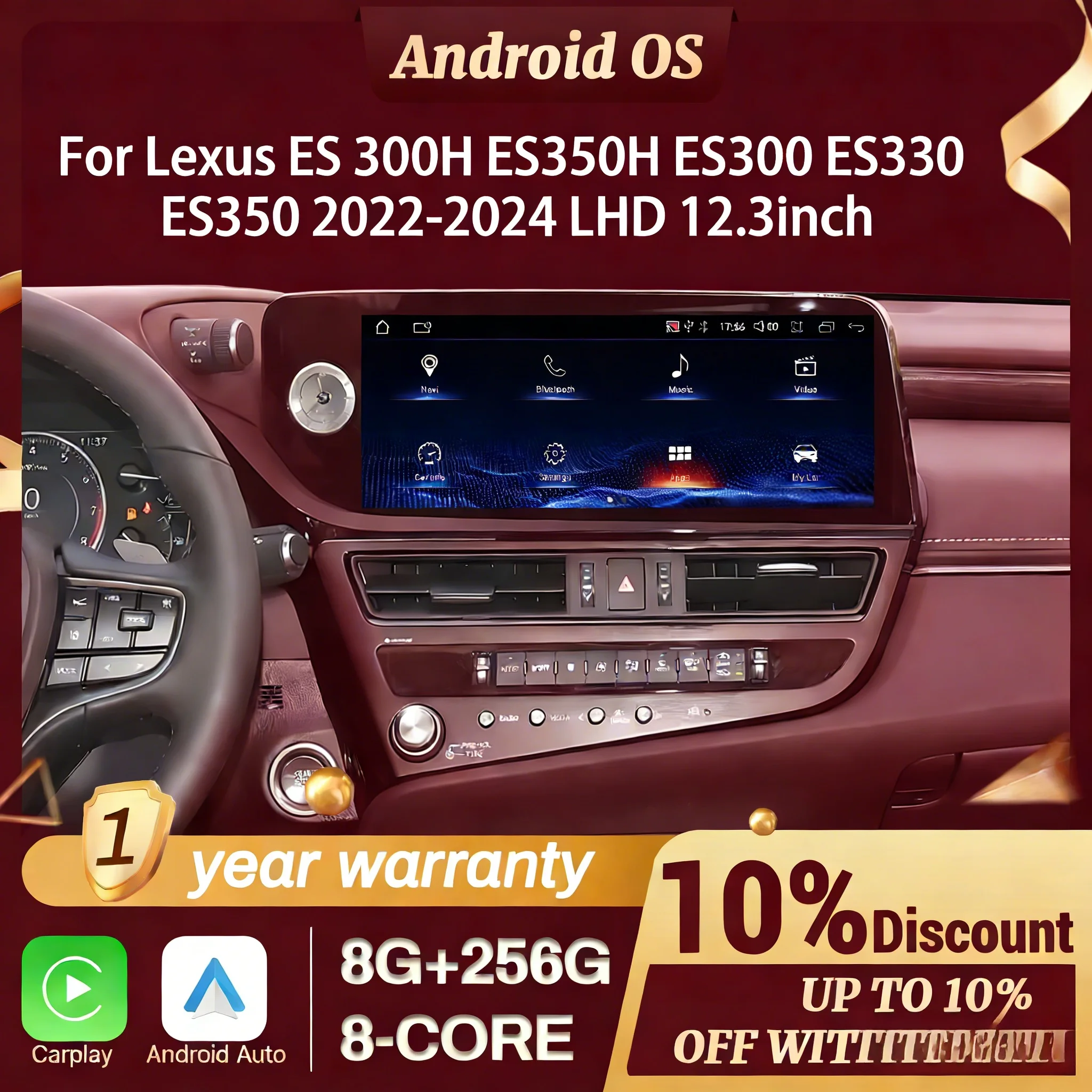 12.3inch LHD 2022-2024 For Lexus ES 300H ES350H ES300 ES330 ES350Car Radio Wireless CarPlay Multimedia Snapdragon 685 Screen