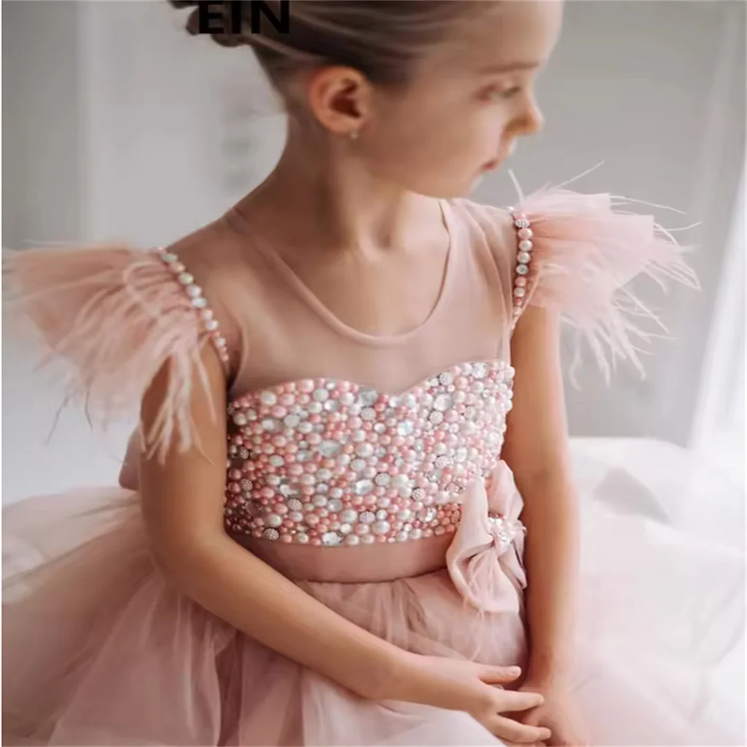 Customized Blush Pink Flower Girl Dresses For Wedding Layered Feather Pearls With Bow Graceful Kids Birthday Party Banquet Gown
