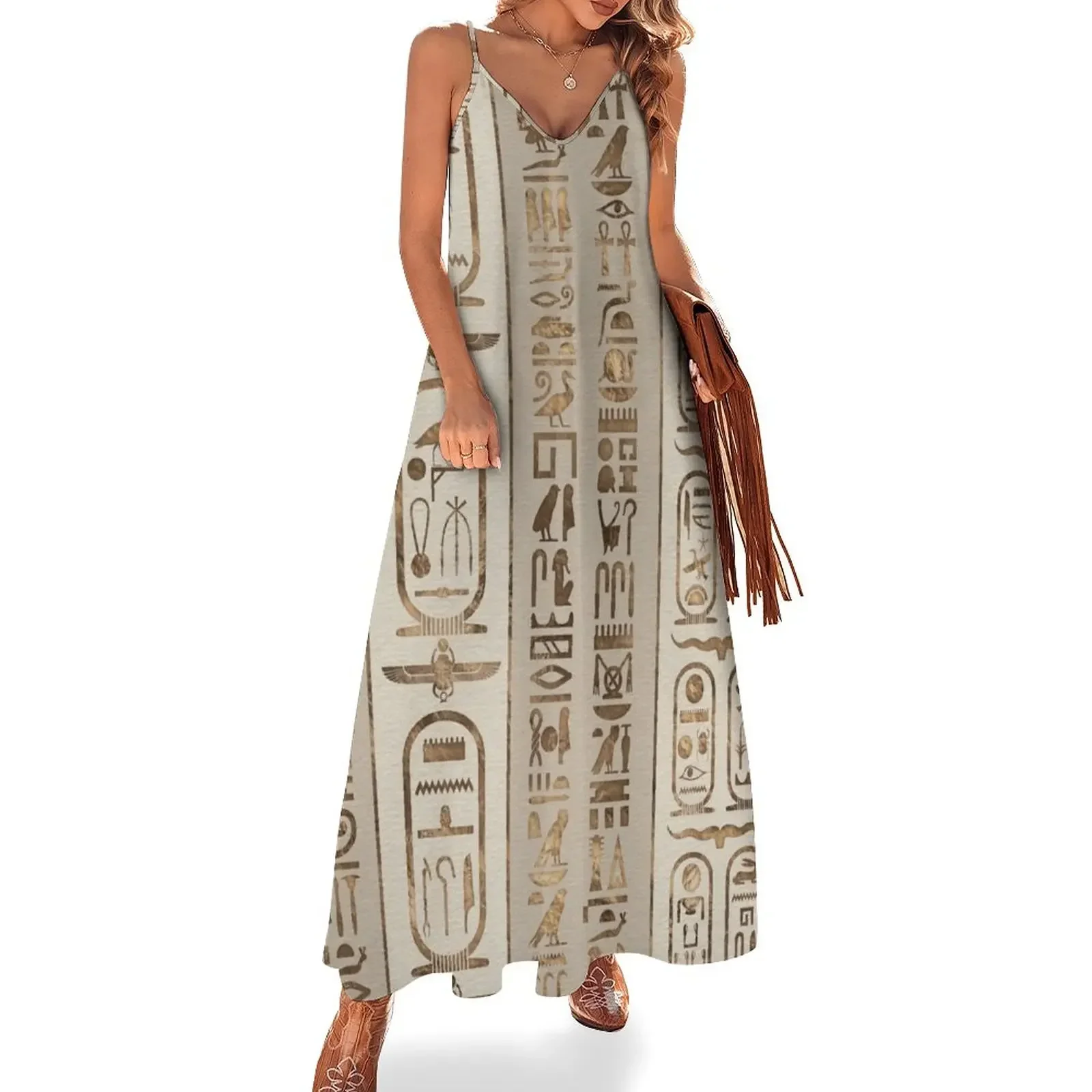 

Egyptian hieroglyphs Pastel Gold Sleeveless Dress evening dress women Clothing evening dresses ladies Dress