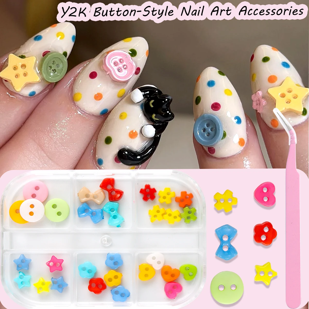 Y2K Colorful Button Nail Charms, Cute 3D Resin Star Heart Flower  Button Nail Decorations, DIY Nail Salon Supplies
