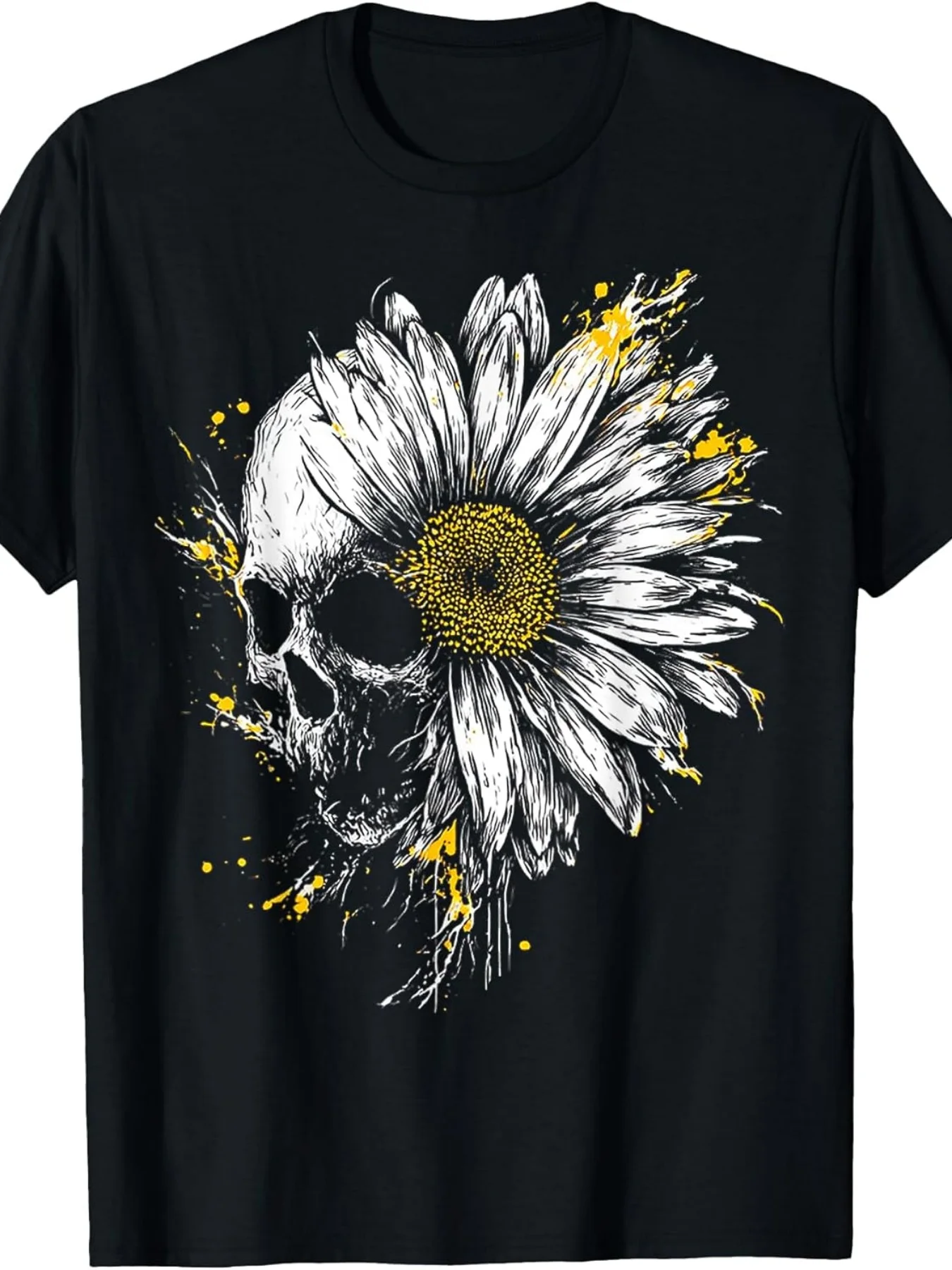 Halloween Daisy Skull Painting Art Painting T-Shirt | Same for Men and Women, 2025 Summer, Short Sleeve, Print, Pure 220G, Crew Neck, Retro Style, Regular Version, Adult Suitable