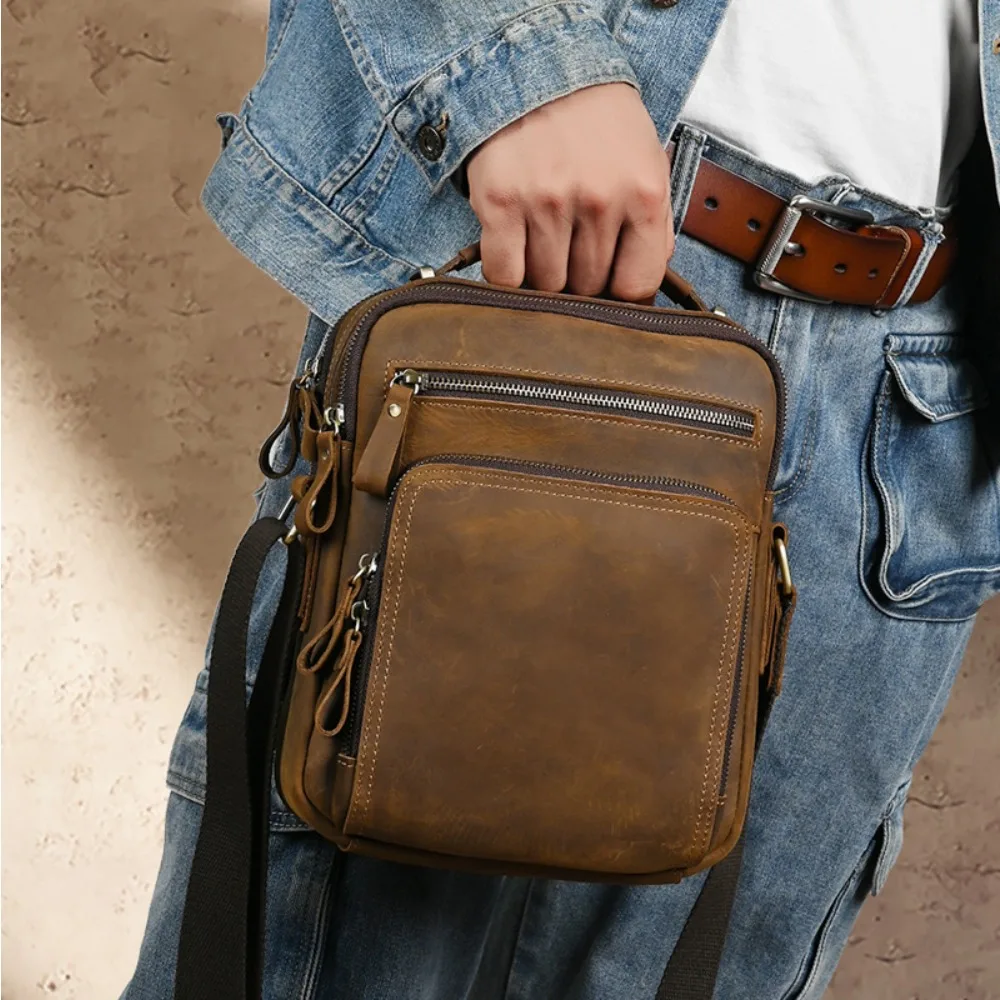 

Men's Genuine Leather Crossbody Versatile Minimalist Vintage Shoulder Bag Multifunctional High FashionTop Layer Cowhide IPad Bag