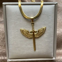 Stainless Steel Wings Cross Pendant Necklace for Men Women Classic Magic SwordBlade Chain Sword Wing Jewelry Accessories