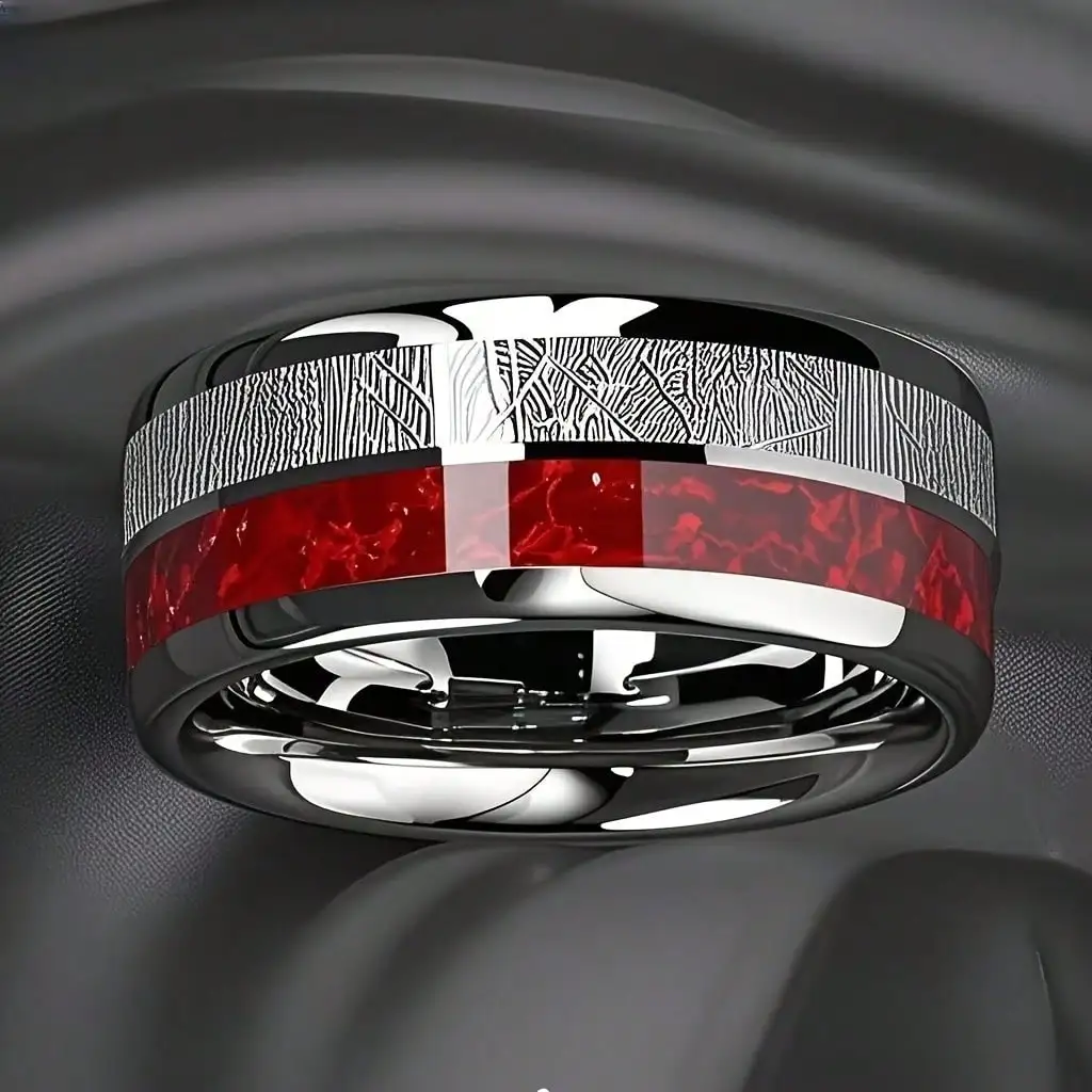 Cool 8mm Silver Color Camo Pattern Inlay Ring for Men