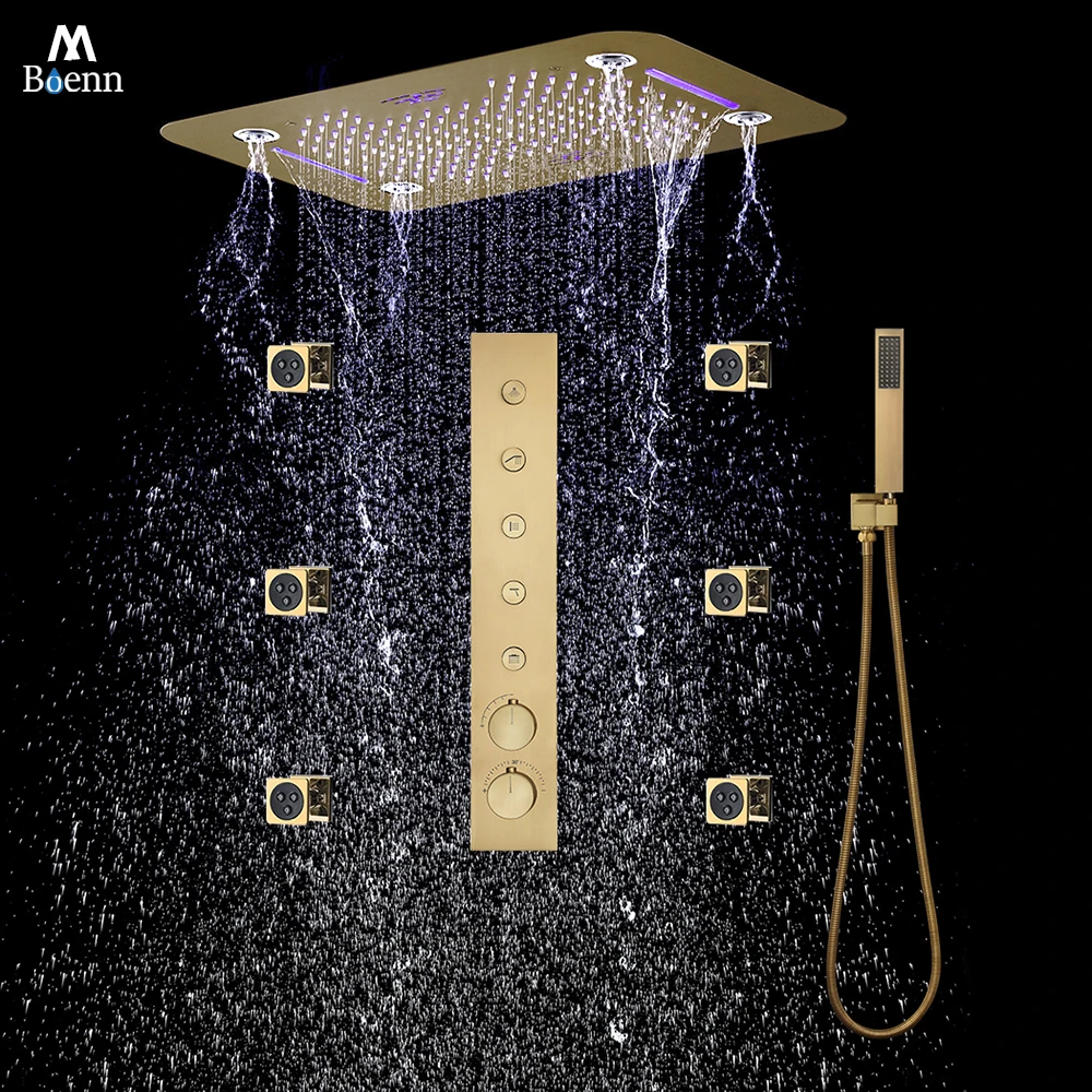 M Boenn Bathroom Sets Full Set Brushed Gold Shower System Faucet Push Button Type Thermostaic Diverter Ceiling Rain Shower Head