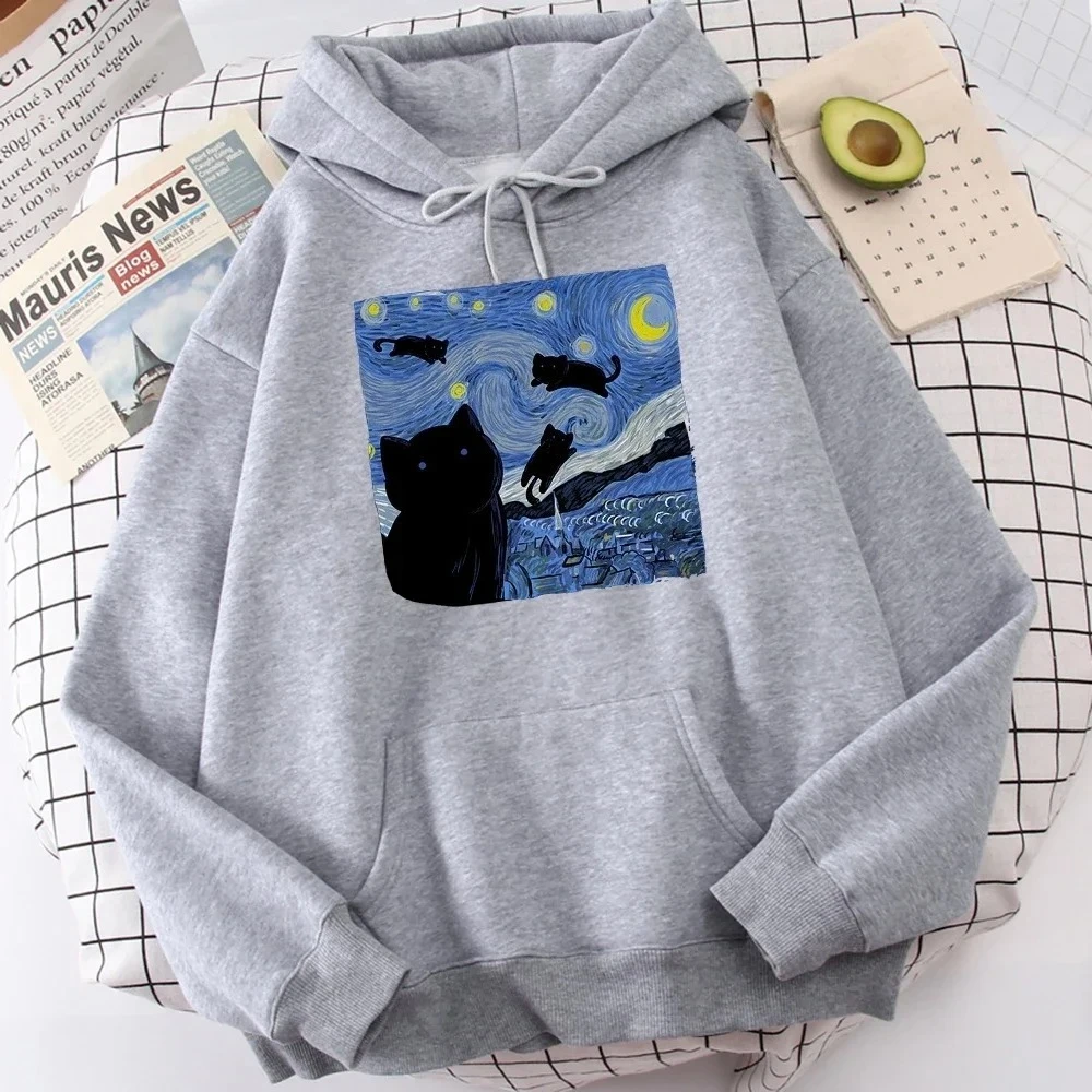 

The Starry Cat Night Printing Hoodies Woman Autumn Fashion Fit Fleece Sweatshirts Casual Pullover Woman Soft Tops Clothing