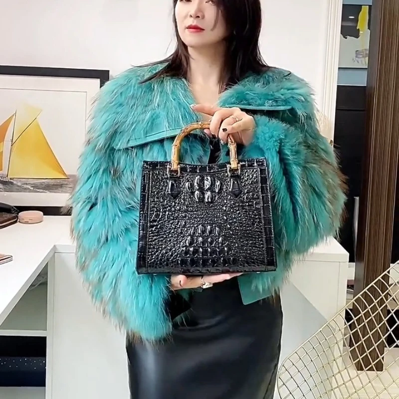 Luxury Bamboo Handle Handbag Women New Crocodile Embossed Faux Leather Fashion Shoulder Bag High Capacity Elegant Crossbody Bag