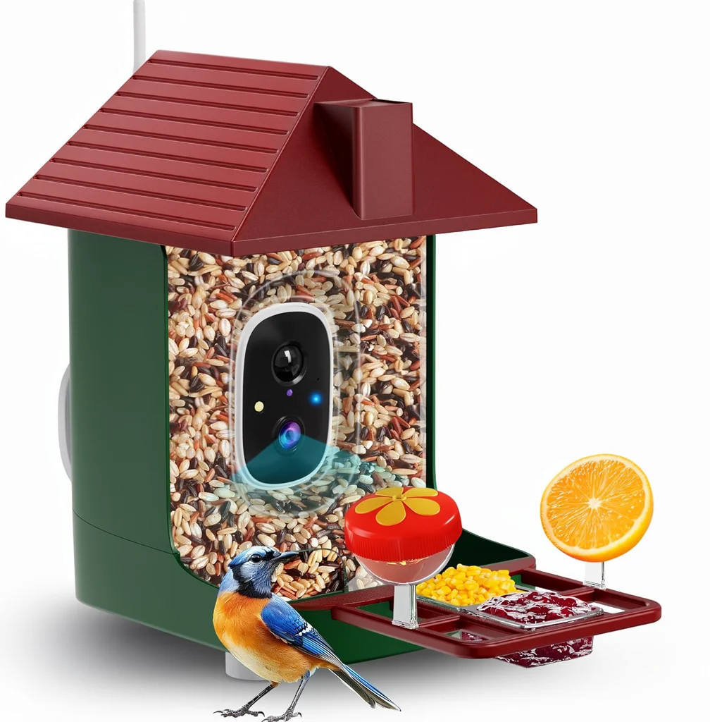 Smart Bird Feeder Camera 5200mAh Battery Solar Panel 4K UHD AI Species ID Auto Capture Wall Mount (Red/Green)