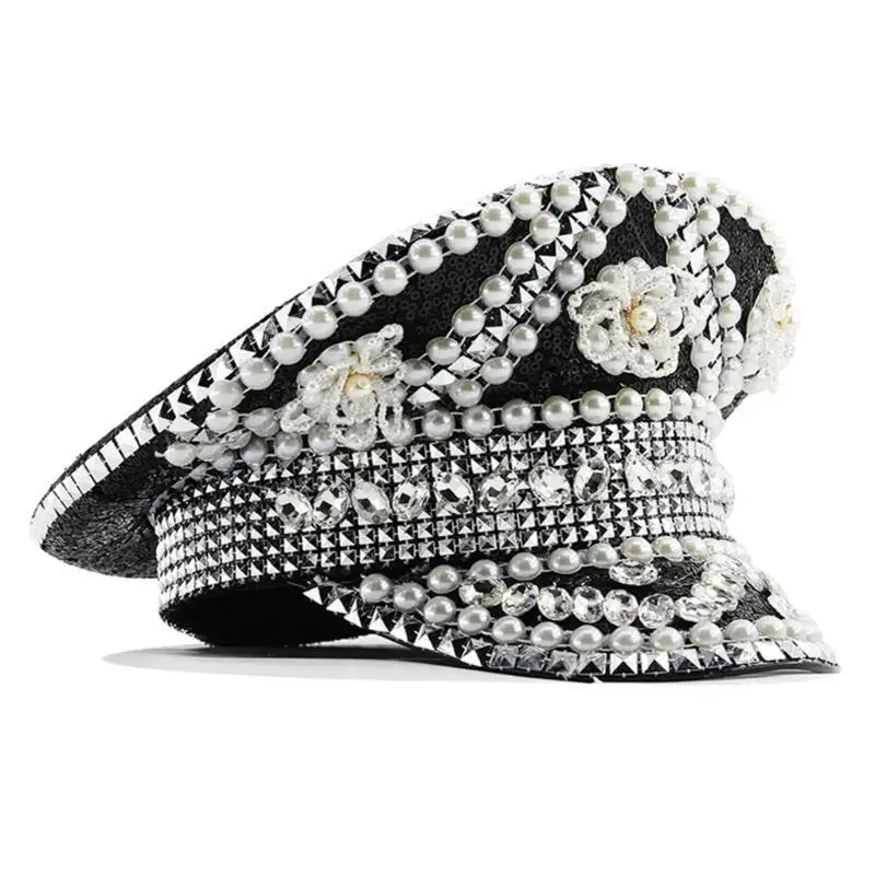 

39BD Sparkling Captain Hat Heavy Crystal Rivets Hat for Bachelorette Party Captain Hat Bride Hat for Actor Actress