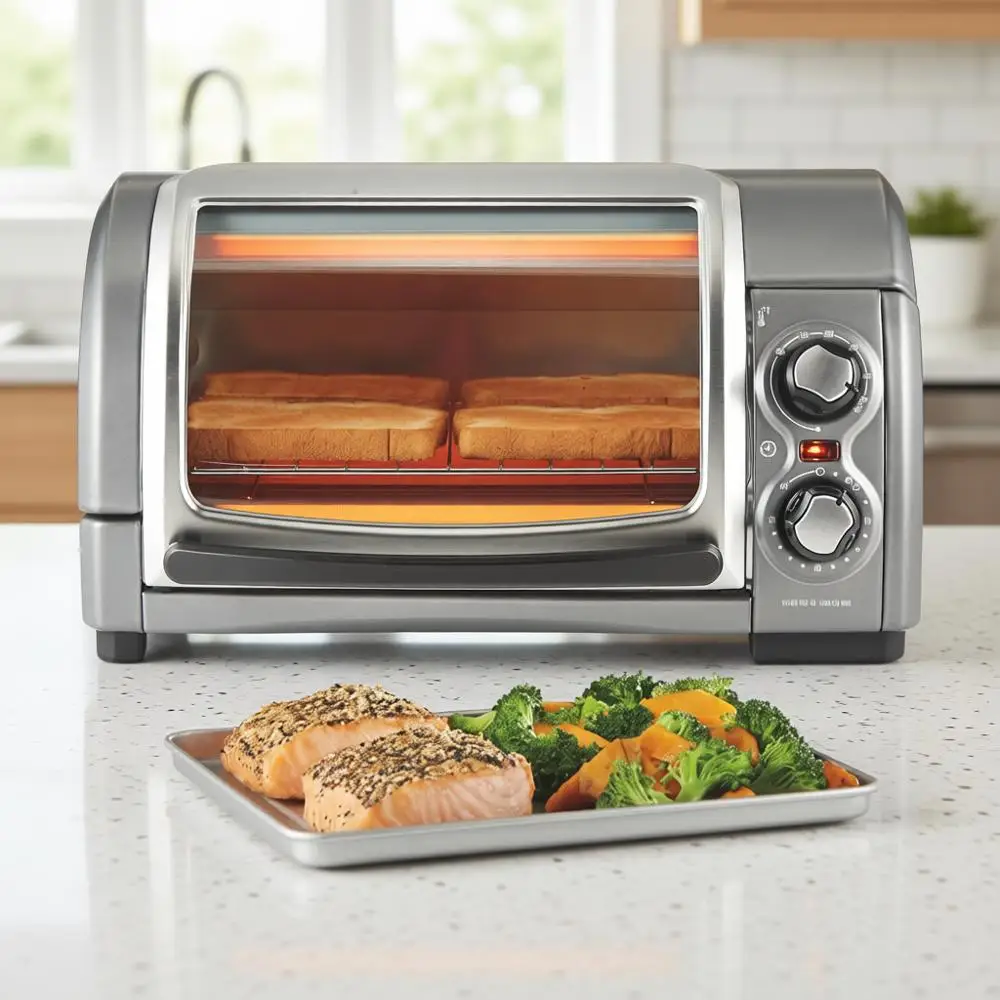 

Настольная тостер-печь на 4 тоста с откидной крышкой, 1200 Вт, для пиццы 9 дюймов, 3 функции приготовления: запекание, жарка, тостирование, серебристый цвет