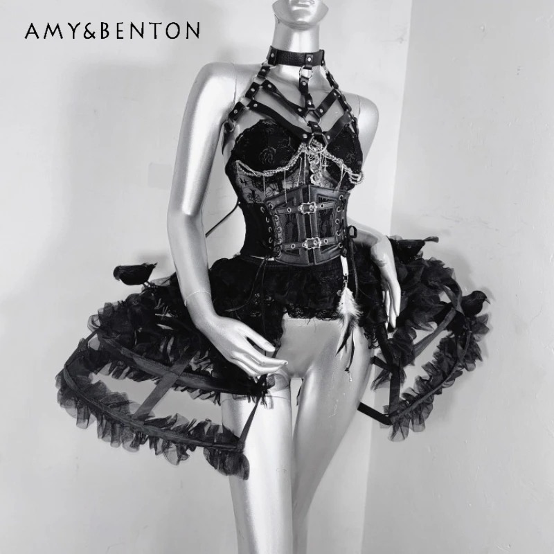 

Оригинальный дизайн, темная готическая металлическая цепочка в рубчик на талии, женский топ-труба, летняя черная кружевная ажурная пышная юбка, костюм для девочек