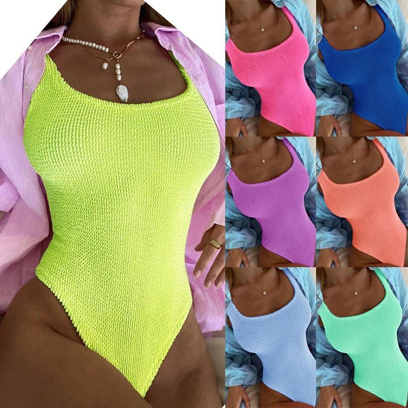 Summer Chic Bodycon Bikini Sexy Backless Swimsuit Women's Solid Slim One Piece Swimsuit Candy Color Bodysuits Casual Beach Wear